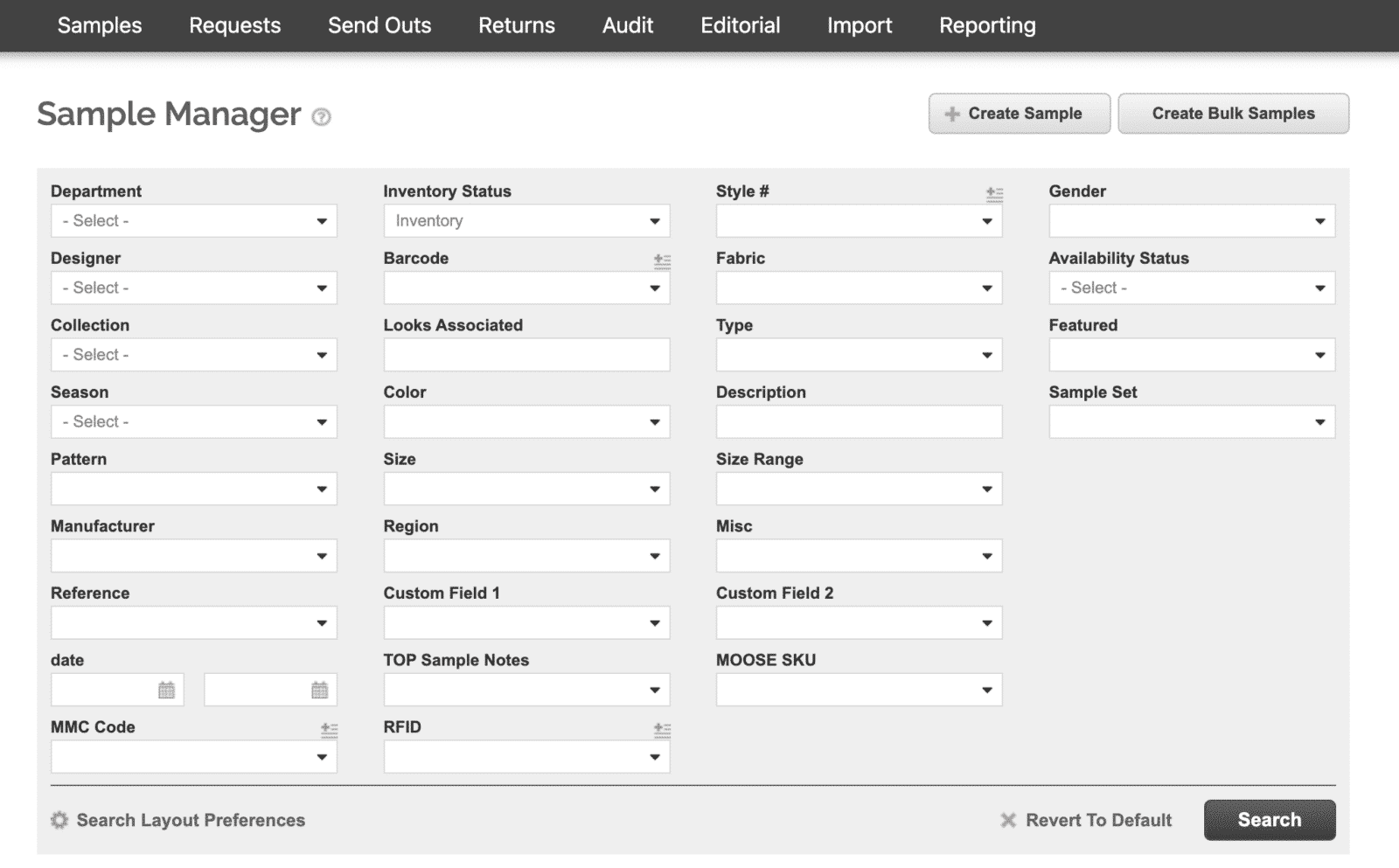 fashion sample tracking software filter preferences